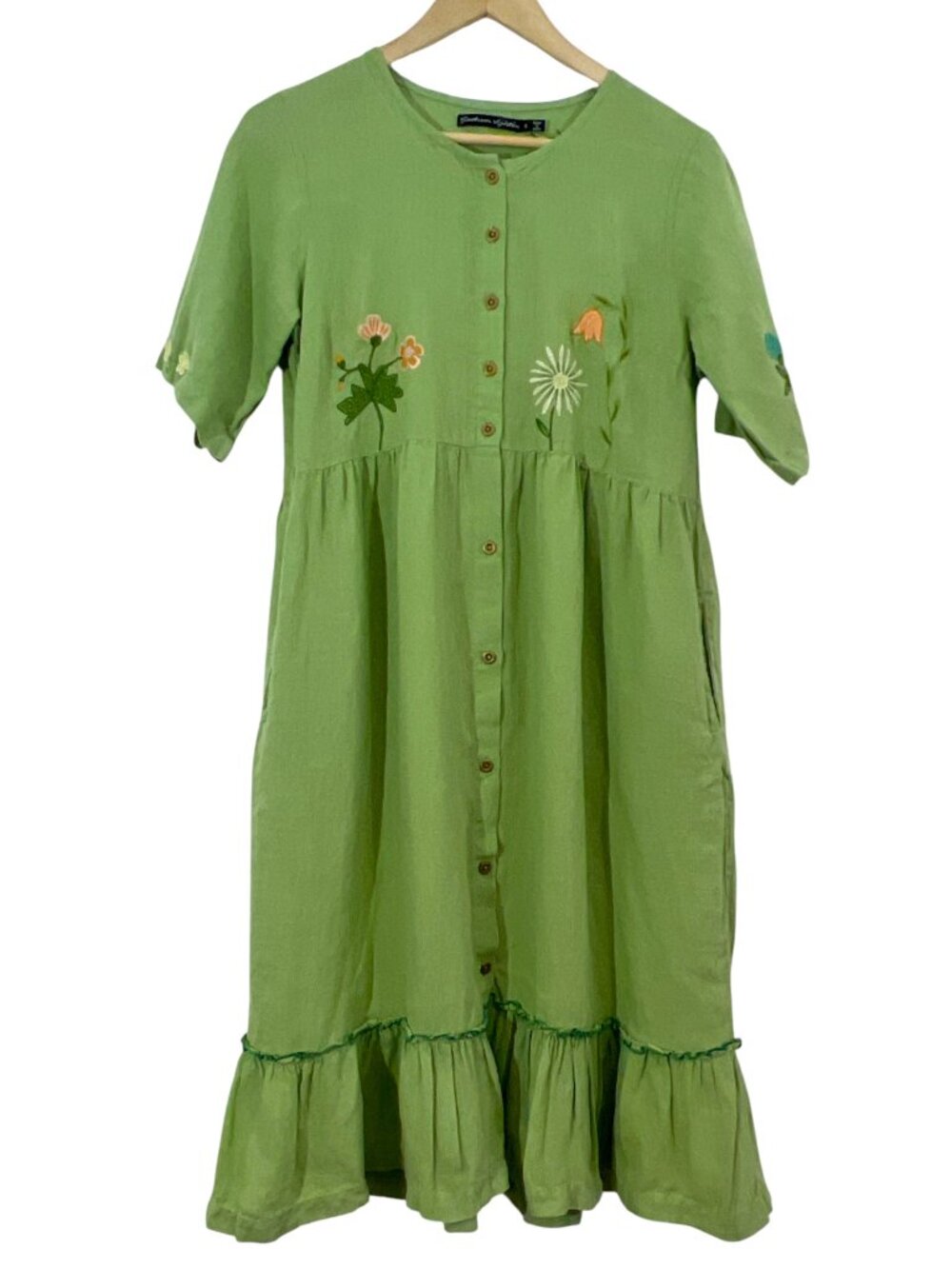Gudrun Sjoden Linen Embroidered Dress Green Small Pre-Loved